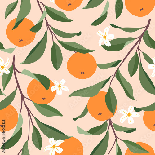 Seamless pattern with oranges. Trendy summer background. Vector bright print for fabric or wallpaper.