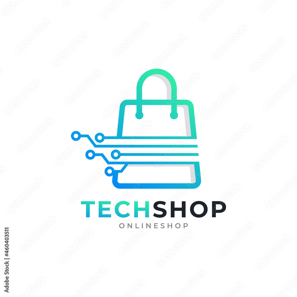 Digital Shop Symbol. Shopping Hand Bag with Electronic Computer Chip Design Template Element