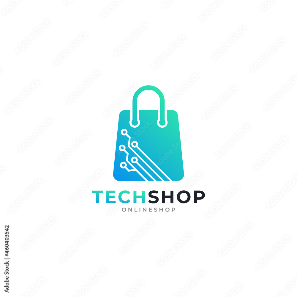 Digital Shop Symbol. Shopping Hand Bag with Electronic Computer Chip Design Template Element