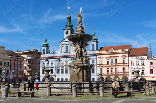 CESKE BUDEJOVICE, Czech Republic - May 8, 2015: Samson's Fountain, This 18th-century fountain, located in the center of one of the largest squares in Europe.