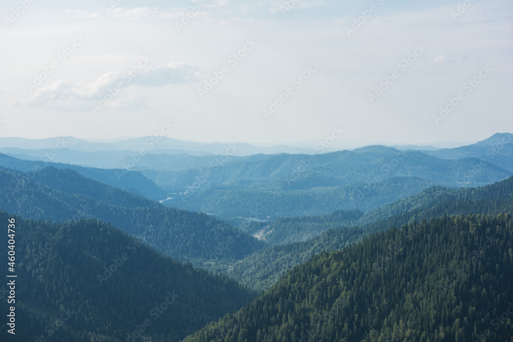 Naklejka premium Beauty day in the mountains in Altay, panoramic picture. Aerial shot on drone