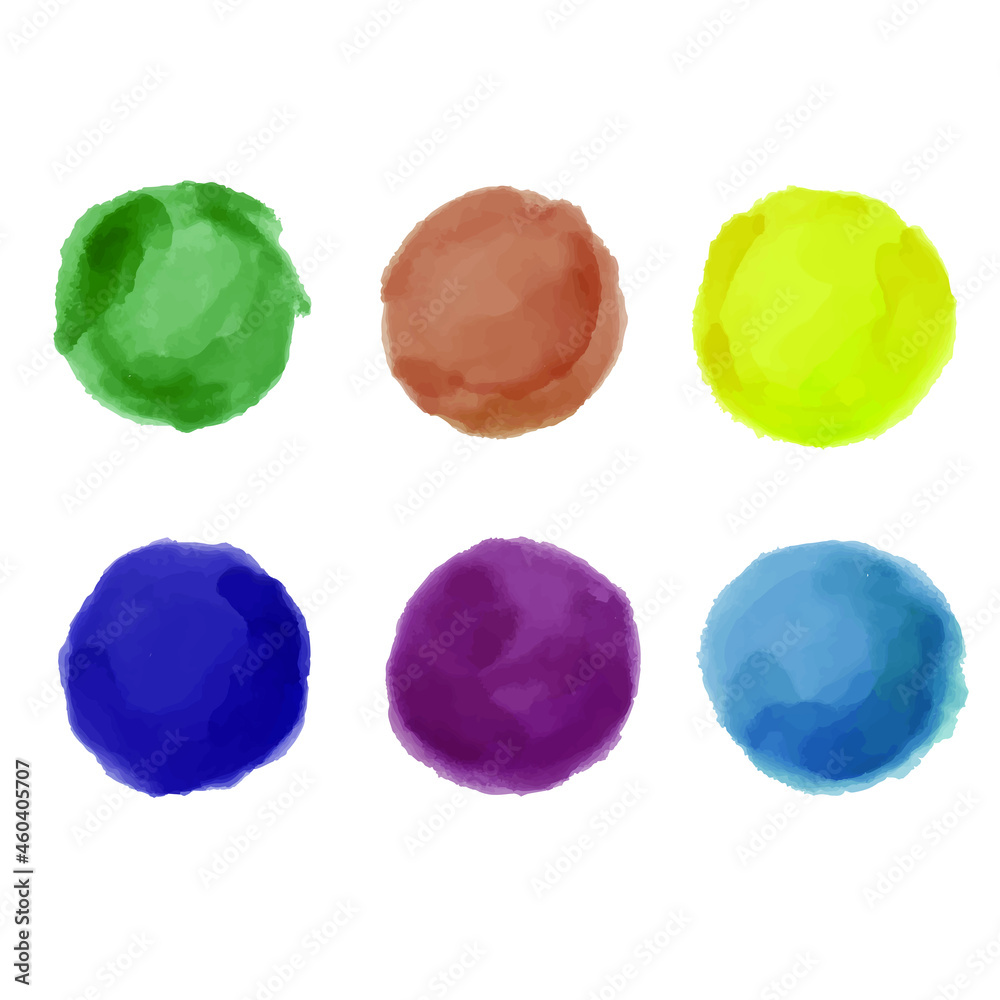 Set of colorful watercolor badge vector . Flat vector illustration. Watercolor circles with uneven grunge, round multicolored frames for background.