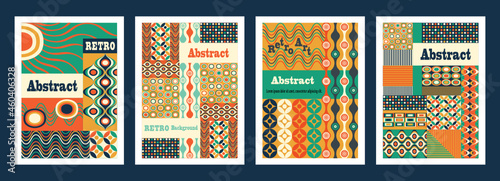 Set of vector color blocking artwork cover, posters or event banner with abstract geometric elements and forms, retro color theme. Geometric print, pattern, background.