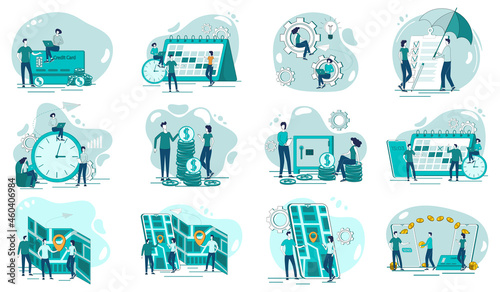 Financial payments,insurance, financial transfers,banking, time management.A set of flat icons vector illustrations on the topic of business and technology.