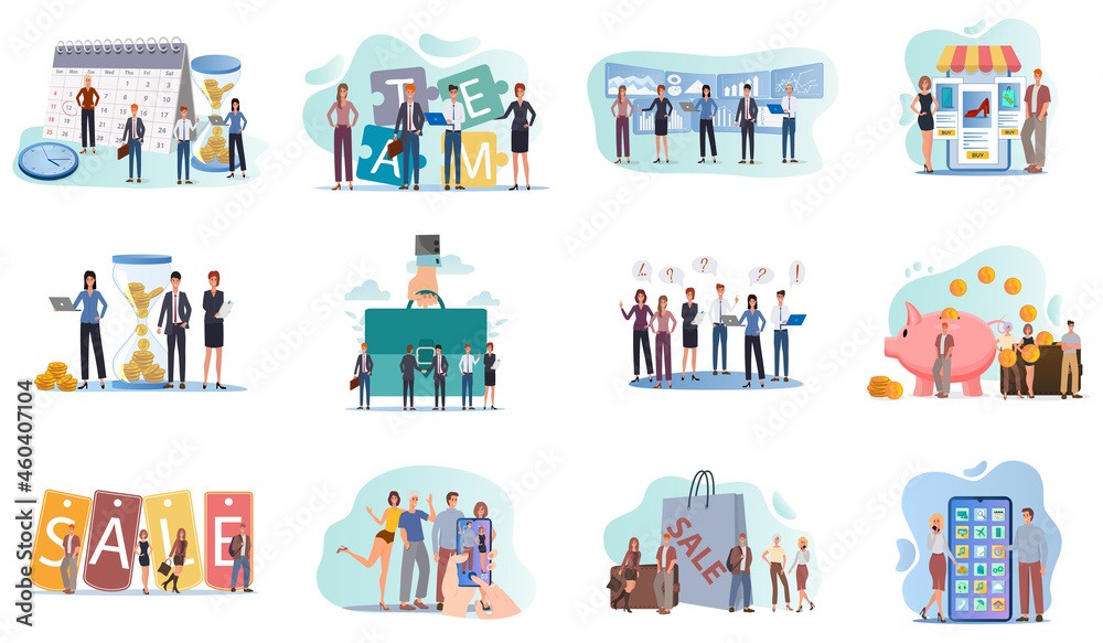 Teamwork,sale,use of gadgets,business meeting,business investment.A set of flat icons vector illustrations on the topic of business and technology. Teamwork,sale,use of gadgets,business meeting,business investment.A set of flat icons vector illustrations on the topic of business and technology.