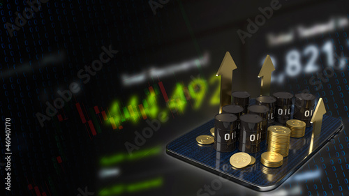 The oil tank on tablet and gold arrow up for energy or petroleum business concept 3d rendering