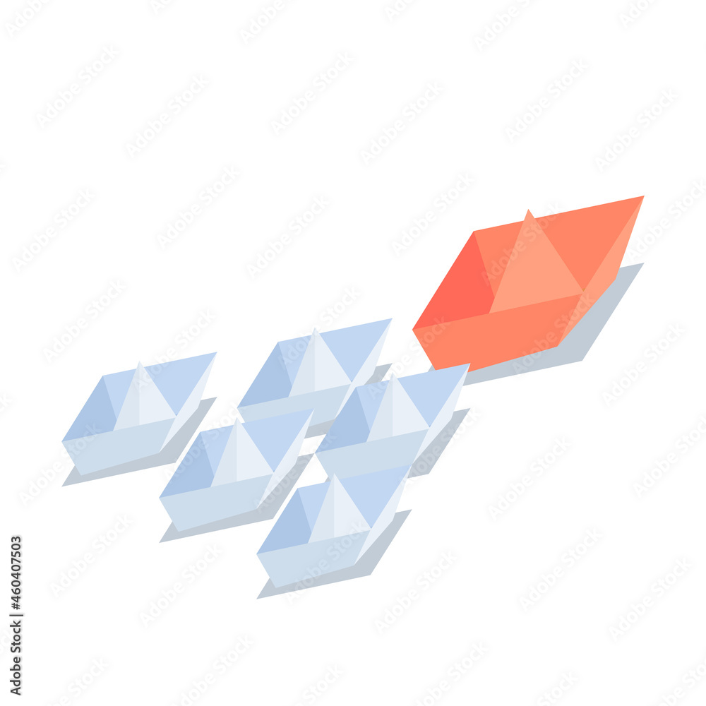 Isometric Red Paper Ship Leading Small White Paper Boats Isometric Red Paper Ship Leading Small White Paper Boats