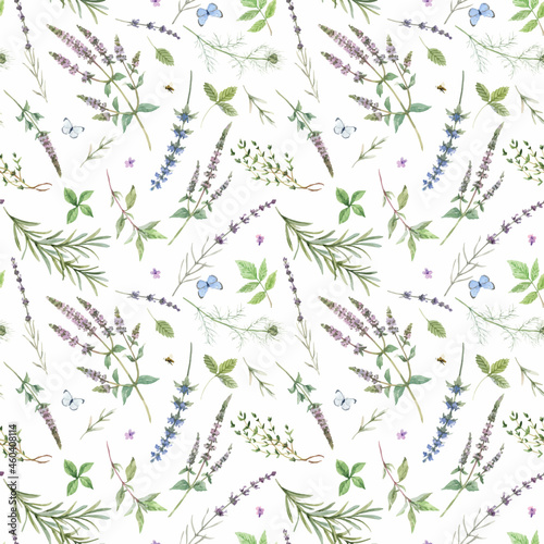 Beautiful seamless floral pattern with hand drawn watercolor gentle mint flowers and other herbs. Stock illuistration. Autotraced vector.