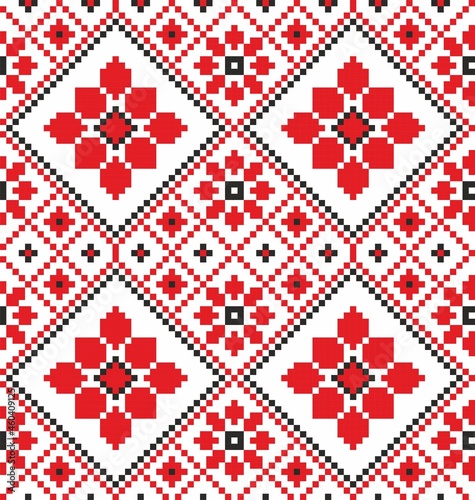 Vector seamless Ukrainian national pattern. Slavic embroidery with stars and flowers. Cross stitch pattern 
