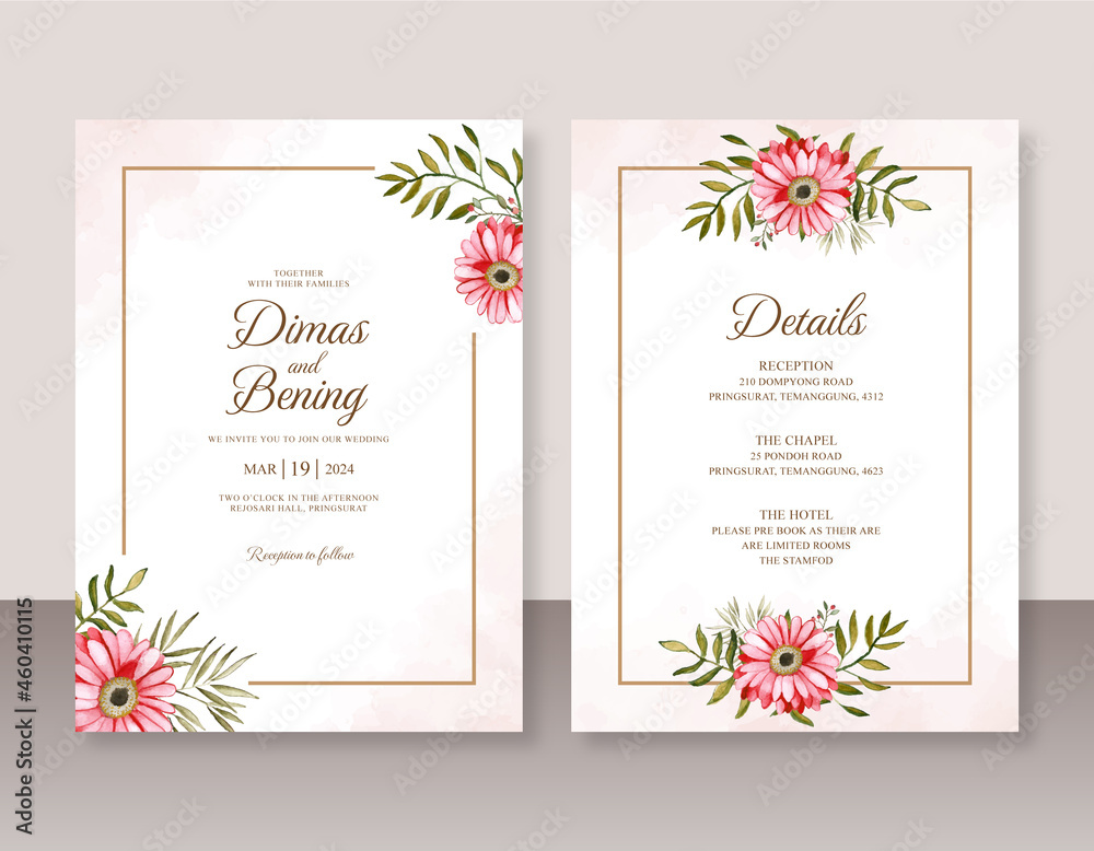 Minimalist wedding invitation with floral watercolor