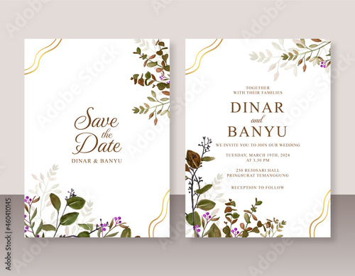 Wedding card invitation with watercolor leaves © Arta