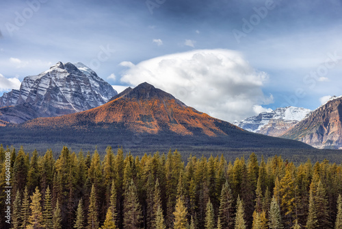 Canadian Rocky Mountain Landscape. Fall Season Cloudy Sunny Sky. Lake Louise, Banff National Park, Alberta, Canada.