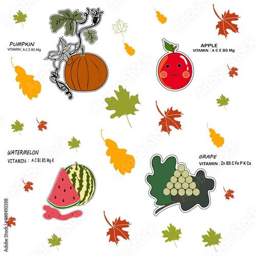 Fototapeta Naklejka Na Ścianę i Meble -  set of autumn stickers vitamins :pumpkin, watermelon, grape, apple. B3 C E B9 A C Mg Fe P Ca.