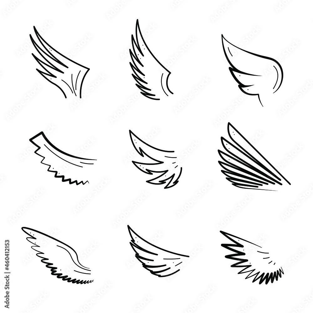 Fototapeta premium Set Abstract Collection Hand Drawn Wings Flight Feathered Doodle Concept Vector Design Outline Style On White Background Isolated Bird Wildlife