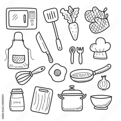 Set of kitchen doodle vector illustration with black color isolated on white background
