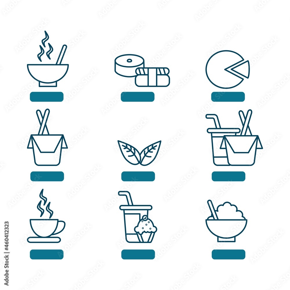 Set of icons, menu buttons for fast food. Food. Linear, contoured interface of nine icons for an application or website. Vector. 