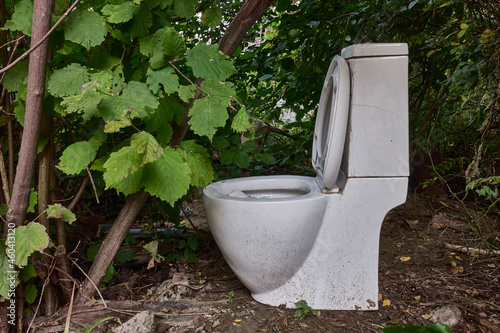 A discarded, cracked white toilet stands between trees in the middle of the trash