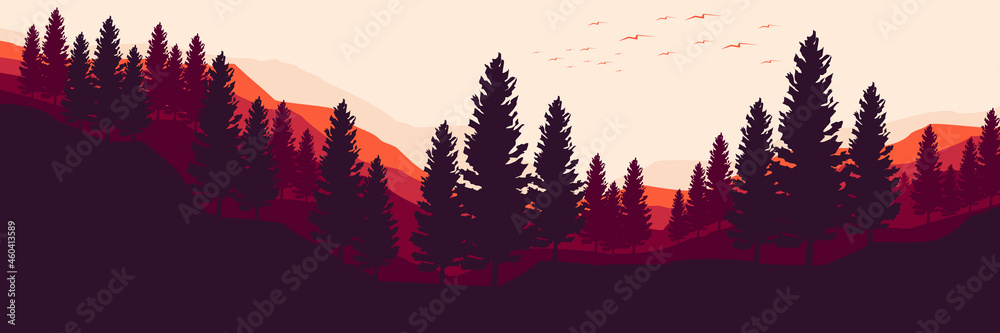 pine tree forest at mountain landscape vector illustration design for wallpaper design, design template, background template, and tourism design template