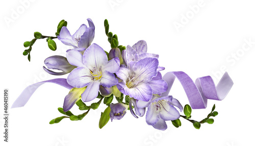 Purple freesia flowers velvet ribbon in a floral arrangement isolated photo