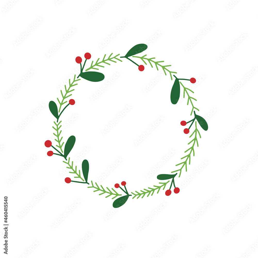 Naklejka premium Holly Christmas wreath hand drawn illustration , Red and green flower decoration circle frame for text