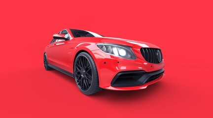 Red generic vehicle on red background. Fisheye studio shot. 