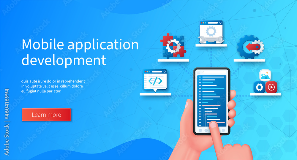 Mobile application development concept. Mobile smart phone with open  programming page on screen. Coding, integration, development, approach,  program icons. Web vector illustrations in 3D style Stock Vector | Adobe  Stock