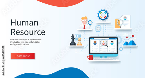 Human resources concept. Computer with job candidate cards on the screen. Chess pieces, analyst, teamwork, candidate case, career icons. Web vector illustrations in 3D style