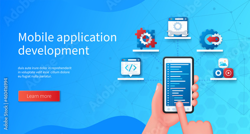 Mobile application development concept. Mobile smart phone with open programming page on screen. Coding, integration, development, approach, program icons. Web vector illustrations in 3D style