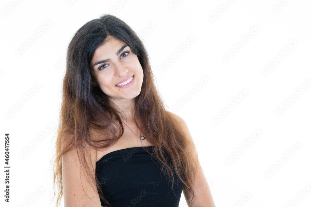 young woman beauty happy with large smile on white background aside copy space young woman beauty happy with large smile on white background aside copy space