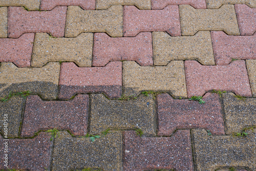 floor beige pink autoblock slabs pavement clean dirty with high-pressure jet before and after cleaning