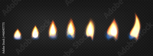 Fire flame realistic set. Flare bonfire, bright fiery elements. Vector