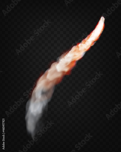 Rocket fire and smoke trails, vector realistic spacecraft startup launch element. Space rocket launch or startup jet fire flames, airplane shuttle contrails, isolated element on transparent background