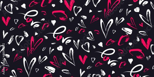 Grunge vector seamless pattern with hand painted hearts and words love. Hand drawn illustration for valentines day wrapping paper or wedding invitation card background in pink, black and white colors