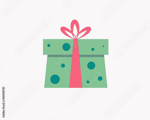 Gift green box with polka dots, with a red bow, for Christmas or New Year's design. Vector illustration isolated on a white background.