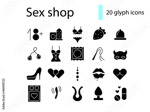Making love accessories glyph icons set. Sex shop. Adult goods. Isolated vector stock illustration