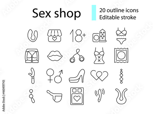 Sex shop goods outline icons set. Erotic accessories. Editable stroke. Isolated vector stock illustration