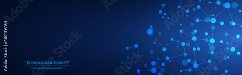 Abstract technology background with molecular structure and genetic engineering, molecules DNA, neural network, scientific research. Vector illustration for innovation technology, science, medicine