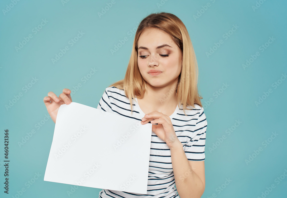 cheerful woman with a white sheet in hand banner emotions hand gestures cheerful woman with a white sheet in hand banner emotions hand gestures