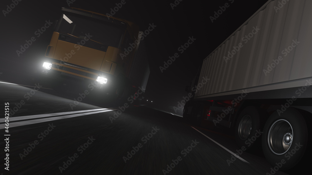 Low Angle View of Two Container Trucks Moving in Opposite Directions on the Road at Night 3D Rendering
