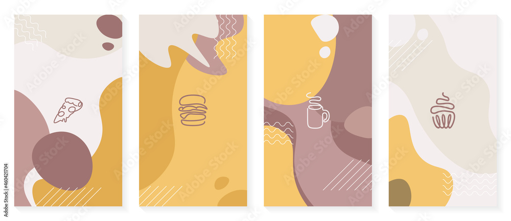 Vector set of abstract creative background drink, dessert and fast food icon