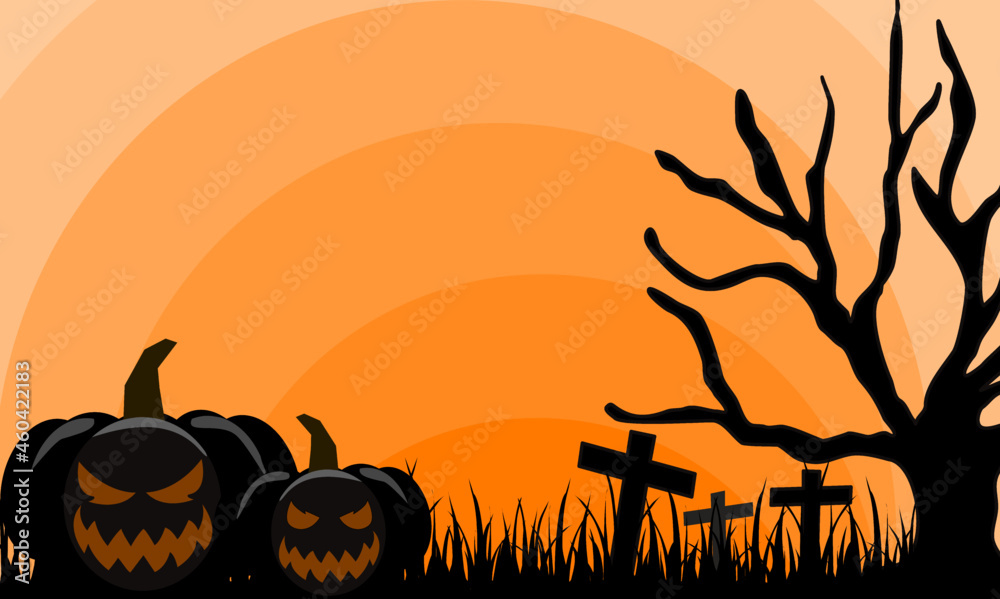 Cute background design for Halloween. Halloween background with night landscape with , trees, and smiling pumpkins, place for your text