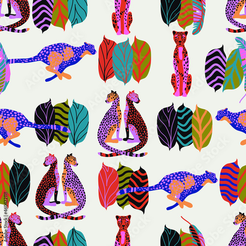 Canvas Print pattern with wild cats and tropical leaves