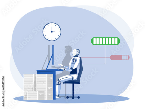 Robot vs man.Robot superiority machine working a lot faster than businessman from compare , flat vector illustration
