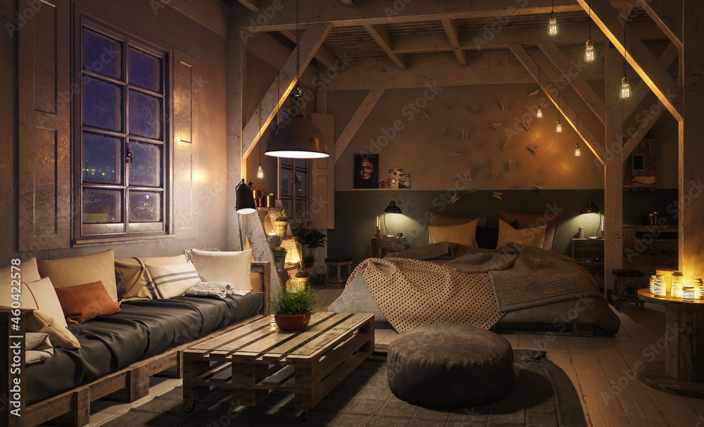 Truss Loft Bedroom with Pallet Furniture by Night - 3d visualization
