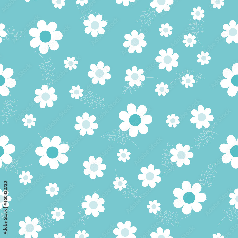 Chamomile seamless pattern. Flower background with white daisies on green. Pattern for textiles, fabrics, bed linen, wallpaper. Decorative floral print for design with chamomile and daisies. Vector Chamomile seamless pattern. Flower background with white daisies on green. Pattern for textiles, fabrics, bed linen, wallpaper. Decorative floral print for design with chamomile and daisies. Vector