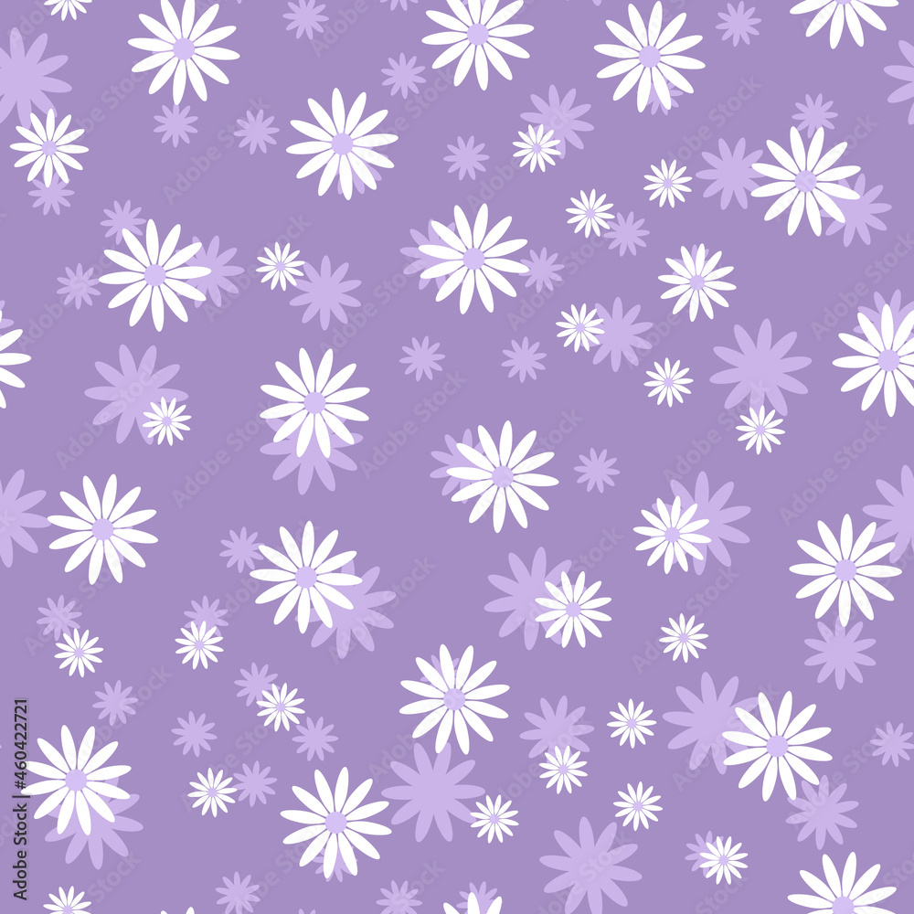 Floral seamless pattern. Daisies or chamomile. Endless cute ornament for textile or design. Chamomiles on a lilac background. Fashionable print. Vector Floral seamless pattern. Daisies or chamomile. Endless cute ornament for textile or design. Chamomiles on a lilac background. Fashionable print. Vector
