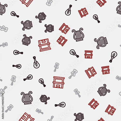 Set line Guitar, Ancient Greek lyre, Electric bass guitar and Piano on seamless pattern. Vector