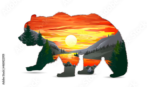 Bear with mountain wildlife landscape. Silhouette of a wild brown bear. Wildlife, mountains, forest, river and sun with clouds are depicted inside the outline of the bear
