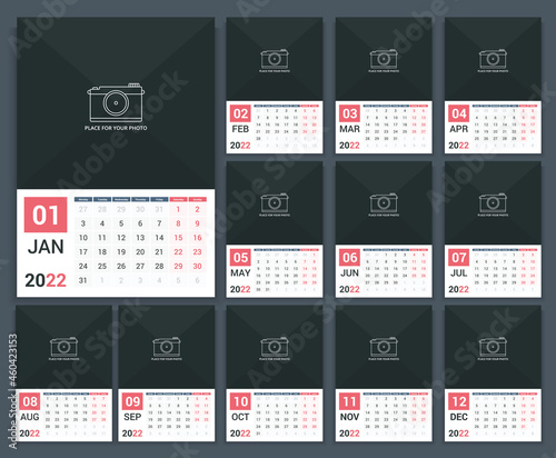 2022 Calendar template, week starts on Monday, a3 size, place for your photo