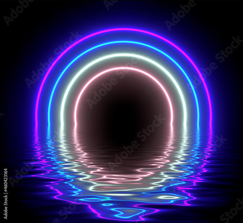 Fototapeta Naklejka Na Ścianę i Meble -  Abstract futuristic background, pink blue neon lights gate with 3D glowing reflected in water, sci fi render illustration.